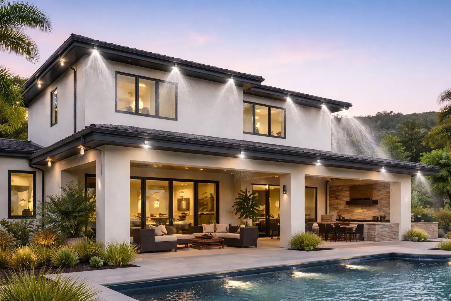 A contemporary custom home in Los Angeles, covered terrace and pool at evening