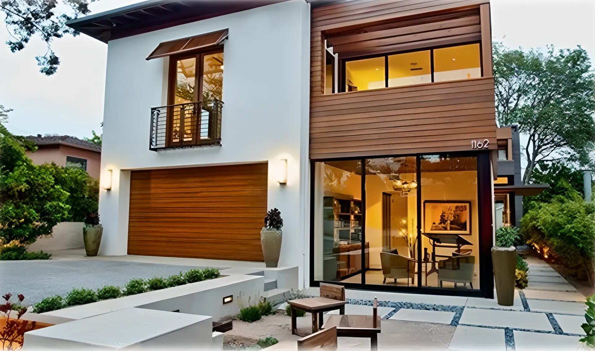 A modern farmhouse in Santa Monica, board-and-batten siding and a steel-framed entry