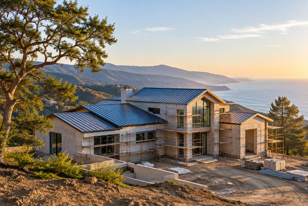 New home framed and roofed on a coastal ridge above the ocean