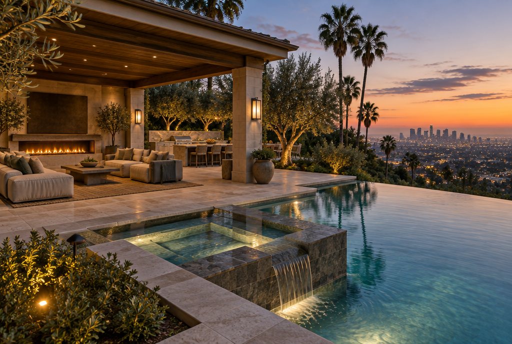 Covered loggia with an outdoor fireplace beside a pool at dusk