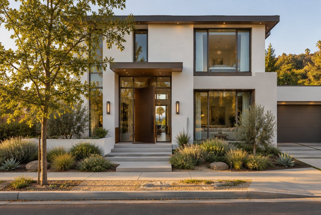 New white contemporary spec home behind a young olive tree