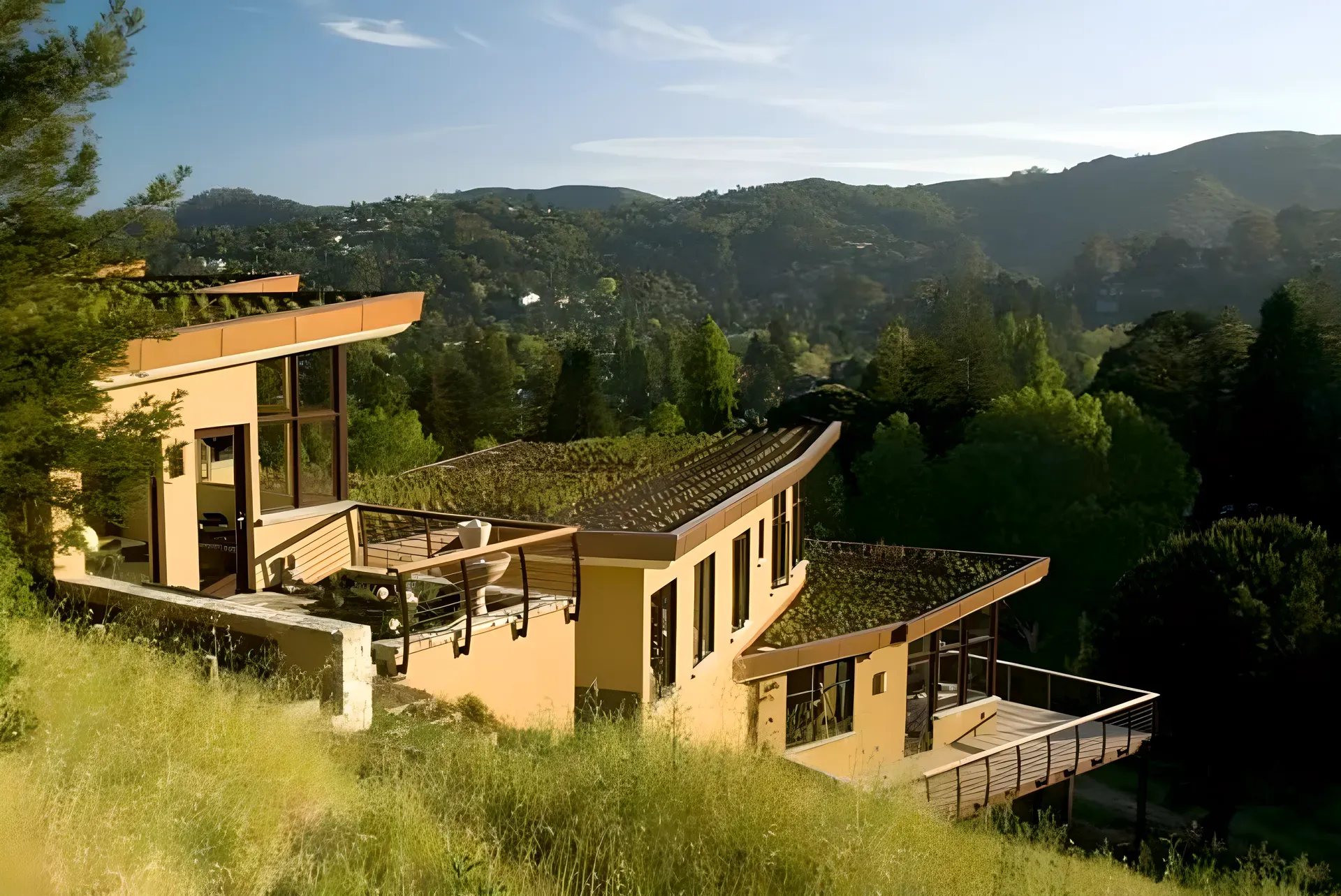 A terraced hillside home in Mount Washington, decks stepping down a canyon lot
